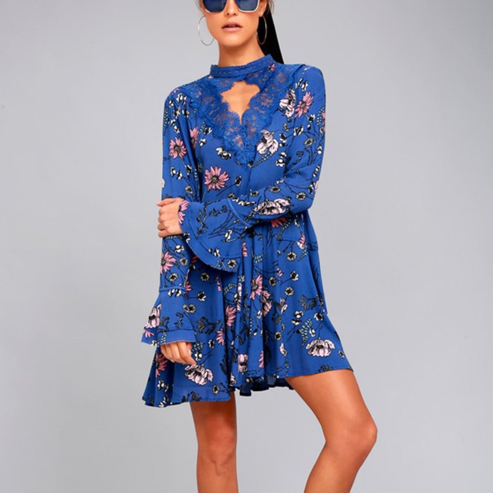 Blue Floral Print Lace Long Sleeve Swing Dress
